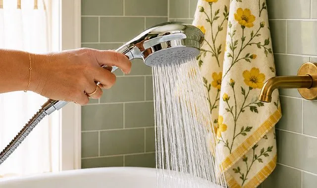 Una mano sujetando el cabezal de ducha Anespa mientras fluye agua suavizada, sobre azulejos verde salvia