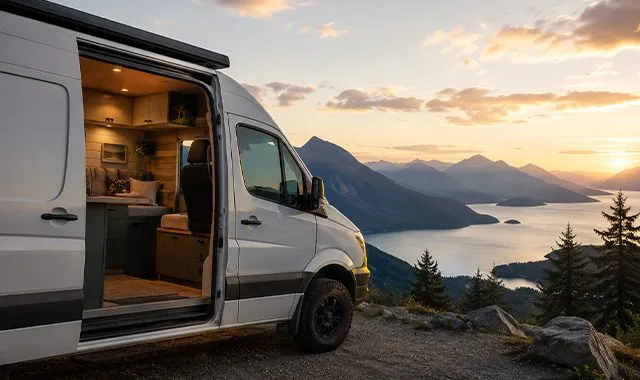 Una autocaravana compacta y autónoma aparcada en un mirador de un lago de montaña al atardecer