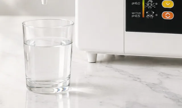 Un vaso de Kangen Water fresco junto al SD501DX